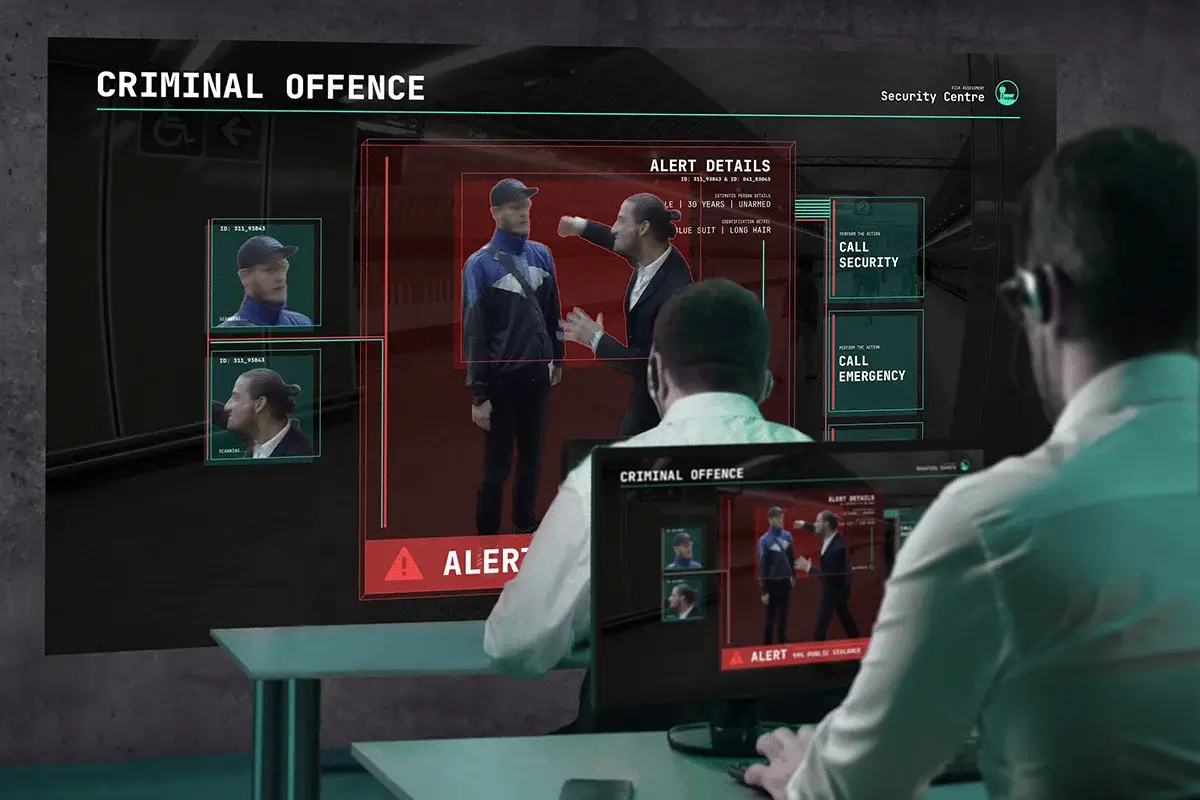 Security officers monitoring criminal activity using AI video analysis with automatic threat alerts and identity tracking