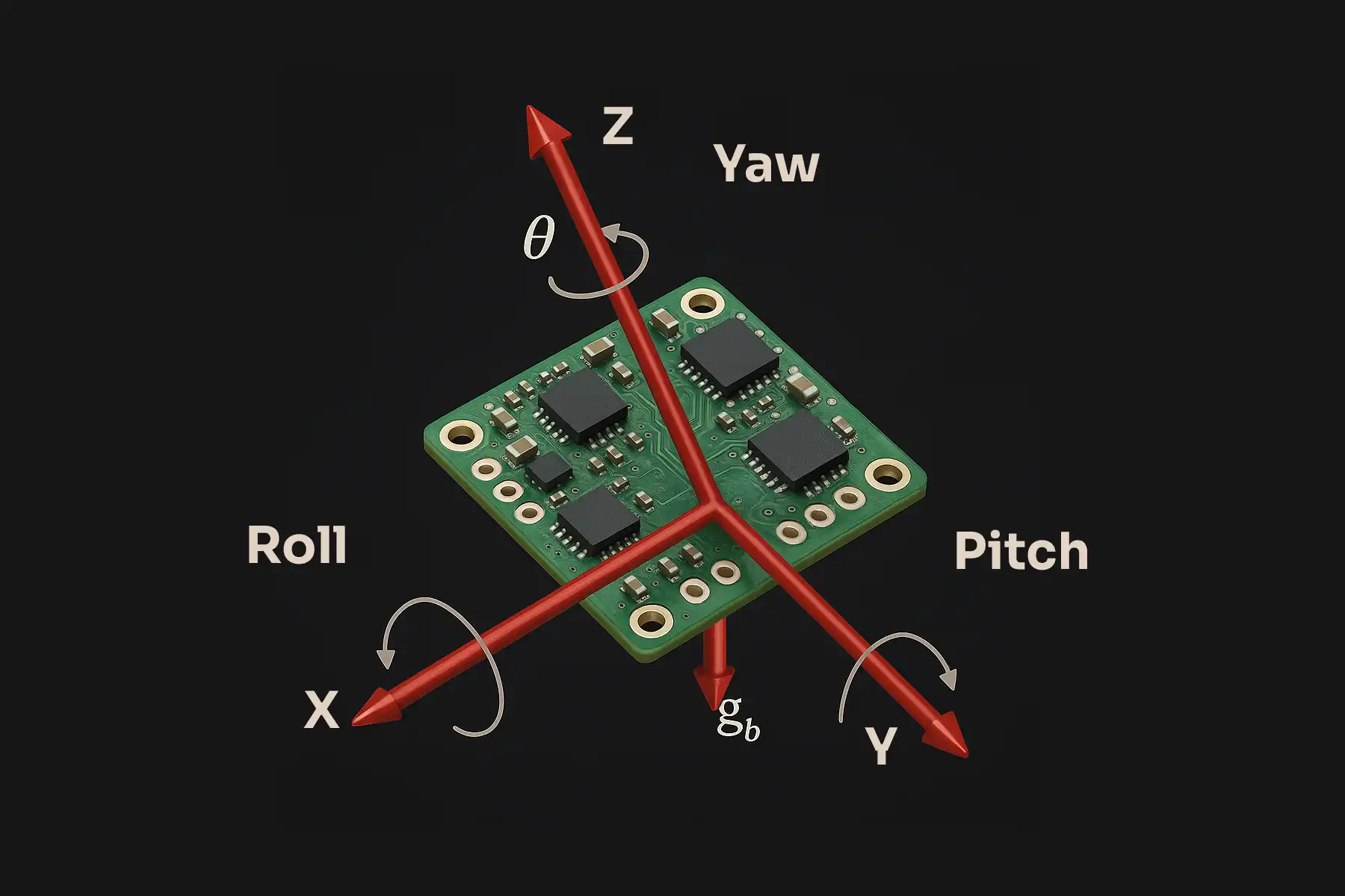 Diagram showing roll, pitch, and yaw axes on an Attitude and heading reference AHRS sensor module