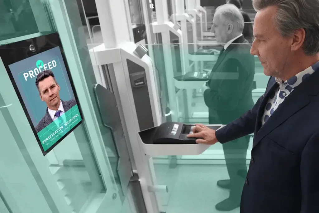 Person undergoing facial and fingerprint biometric verification at an automated biometric access control gate