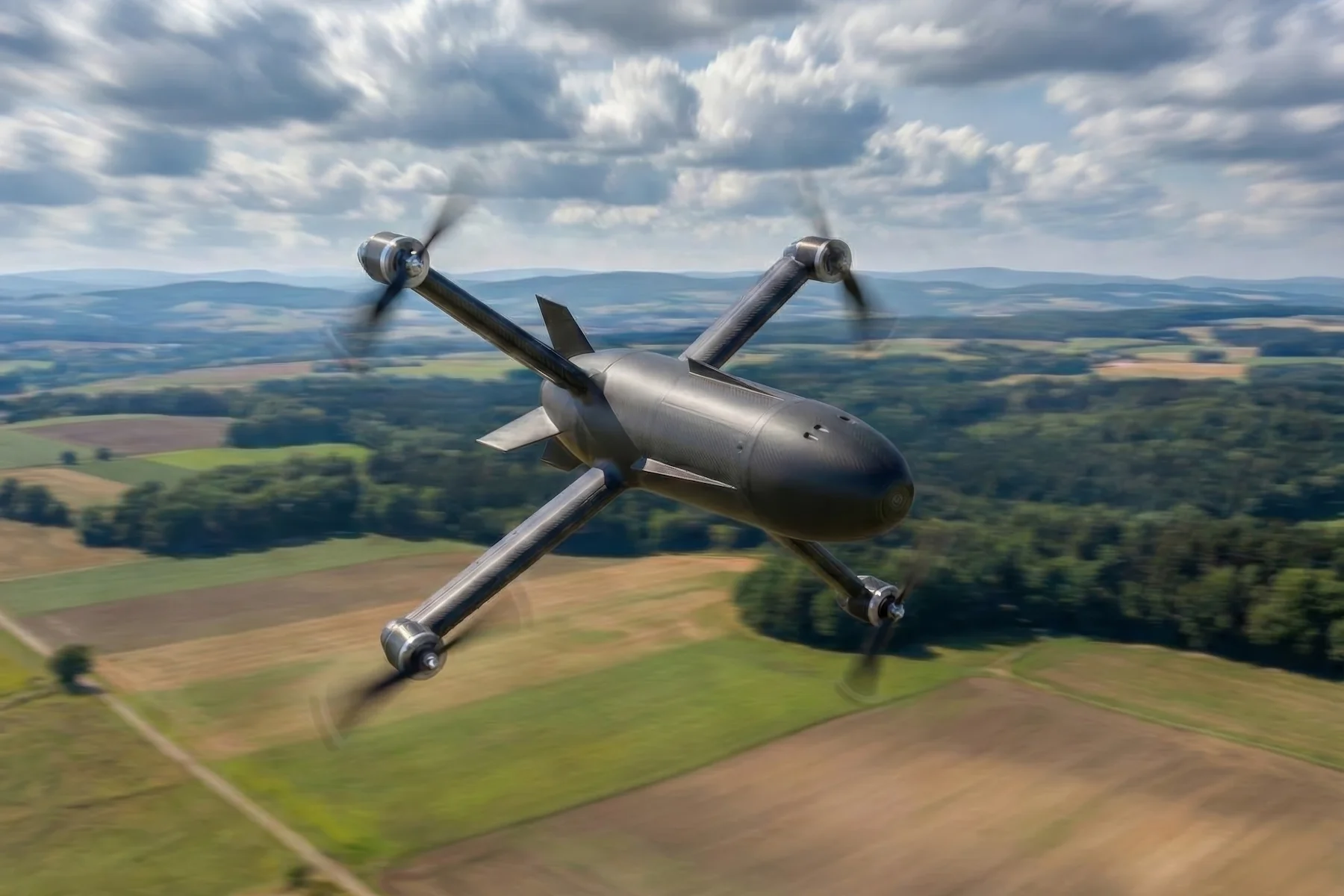 Interceptor anti-drone quadcopter flying at high speeds over a rural landscape to track and eliminate a hostile UAV.