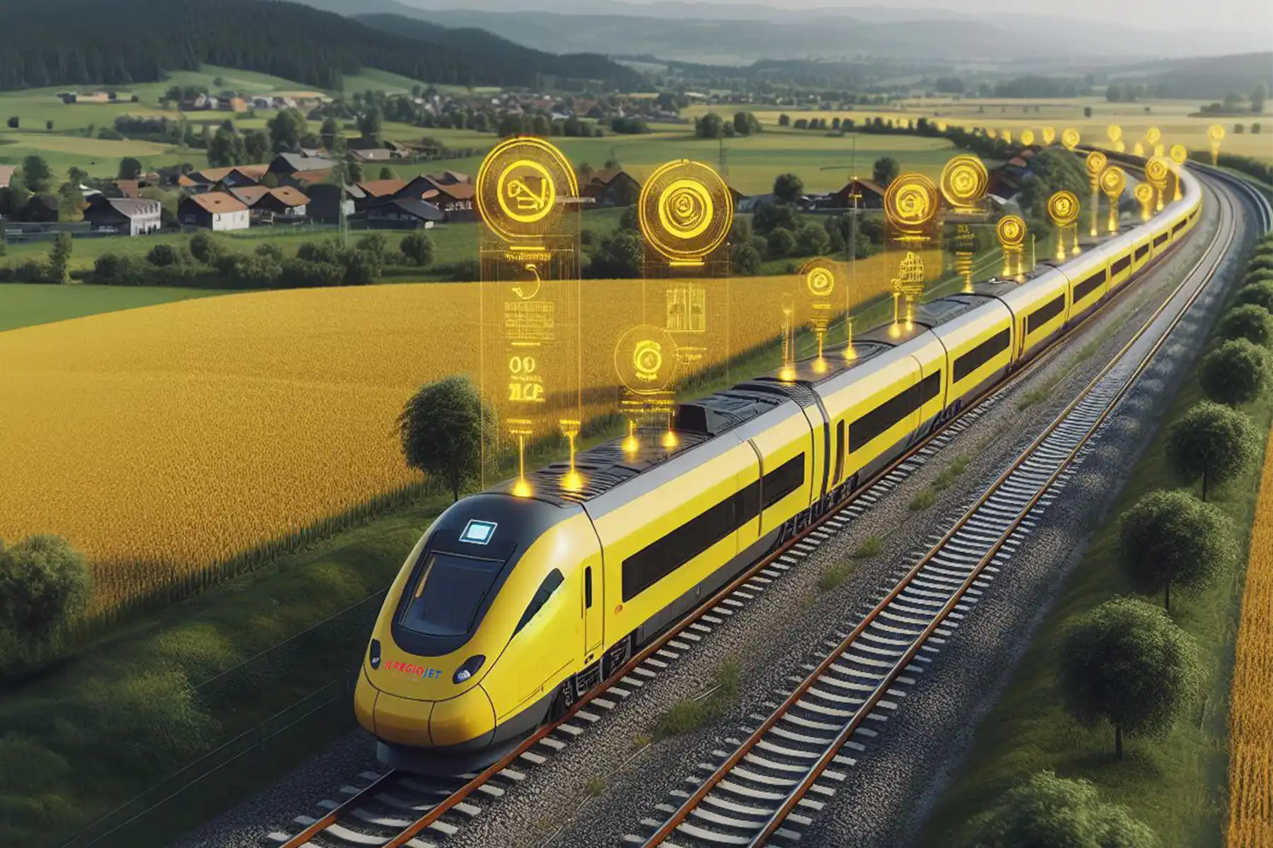 Modern yellow train with predictive maintenance icons visualizing smart diagnostics across railway tracks