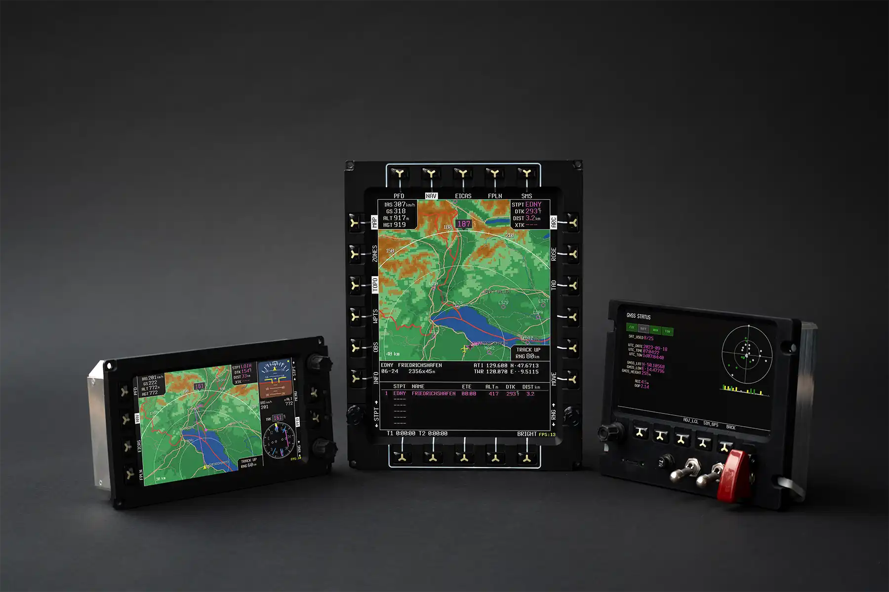 Angle view of multiple electronic flight displays used in aircraft glass cockpit configurations