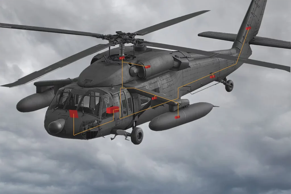 Health and usage monitoring system (HUMS) onboard a military helicopter showing sensor integration points