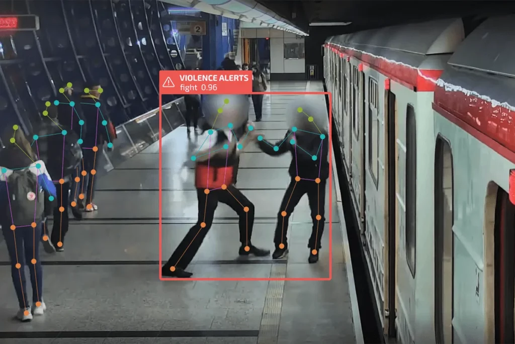 AI-based image analysis detecting violent behavior on a metro platform using body movement tracking and alert systems