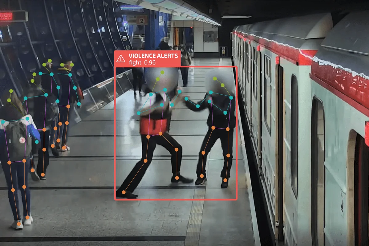 AI-based image analysis detecting violent behavior on a metro platform using body movement tracking and alert systems