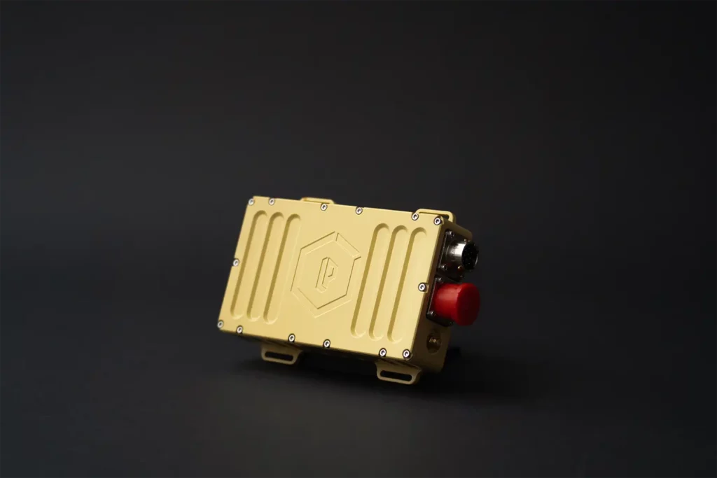 Yellow inertial navigation unit featuring rugged design