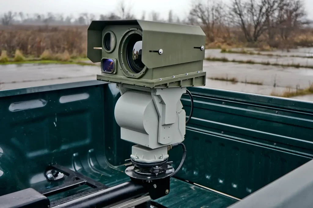 Close-up of SYCH multispectral imaging system secured in vehicle platform bed