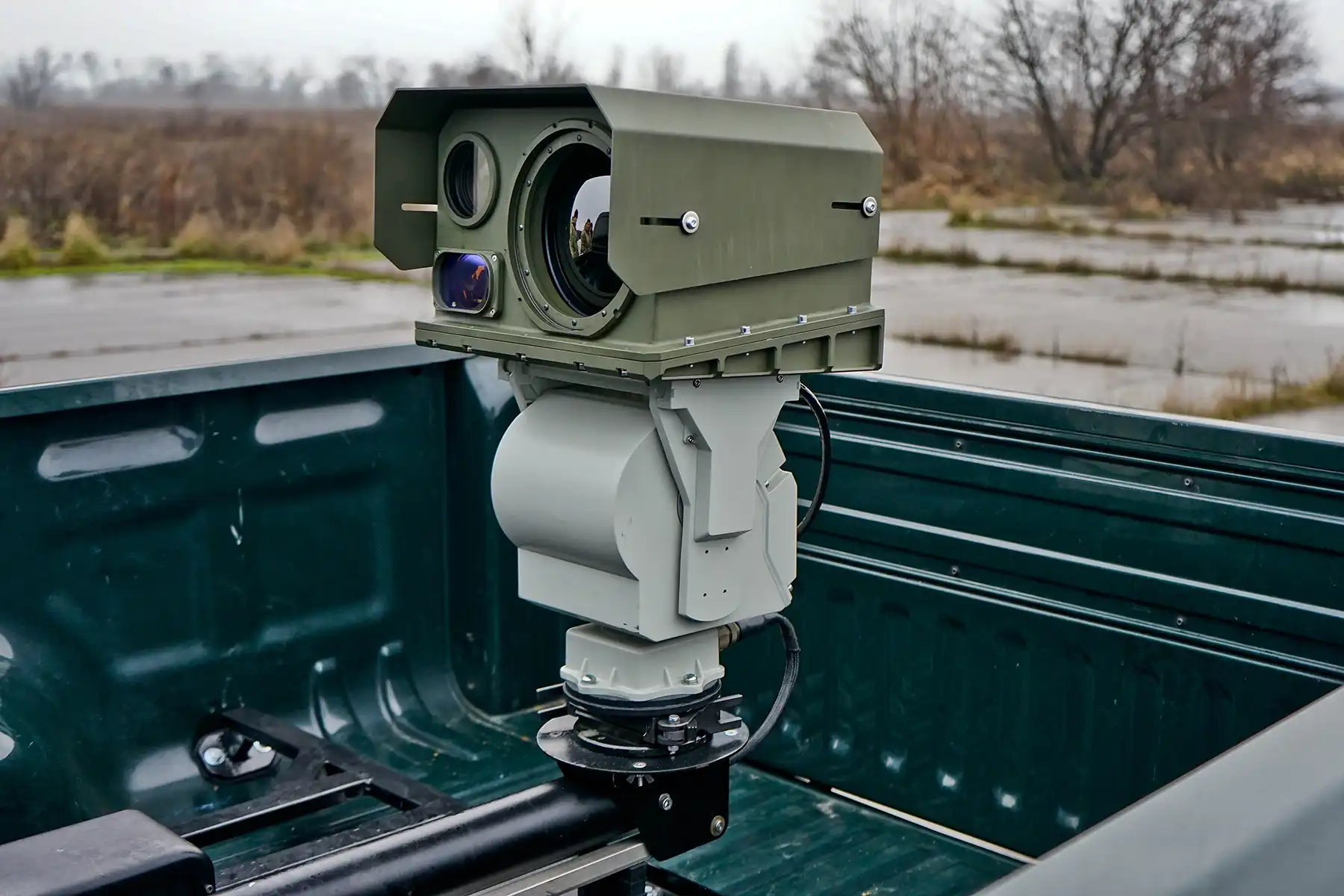 Close-up of SYCH multispectral imaging system secured in vehicle platform bed