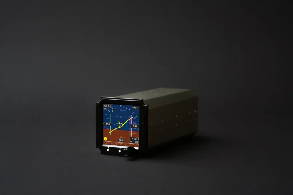 Side perspective of a compact standby instrument ESIS used in military and civil aviation
