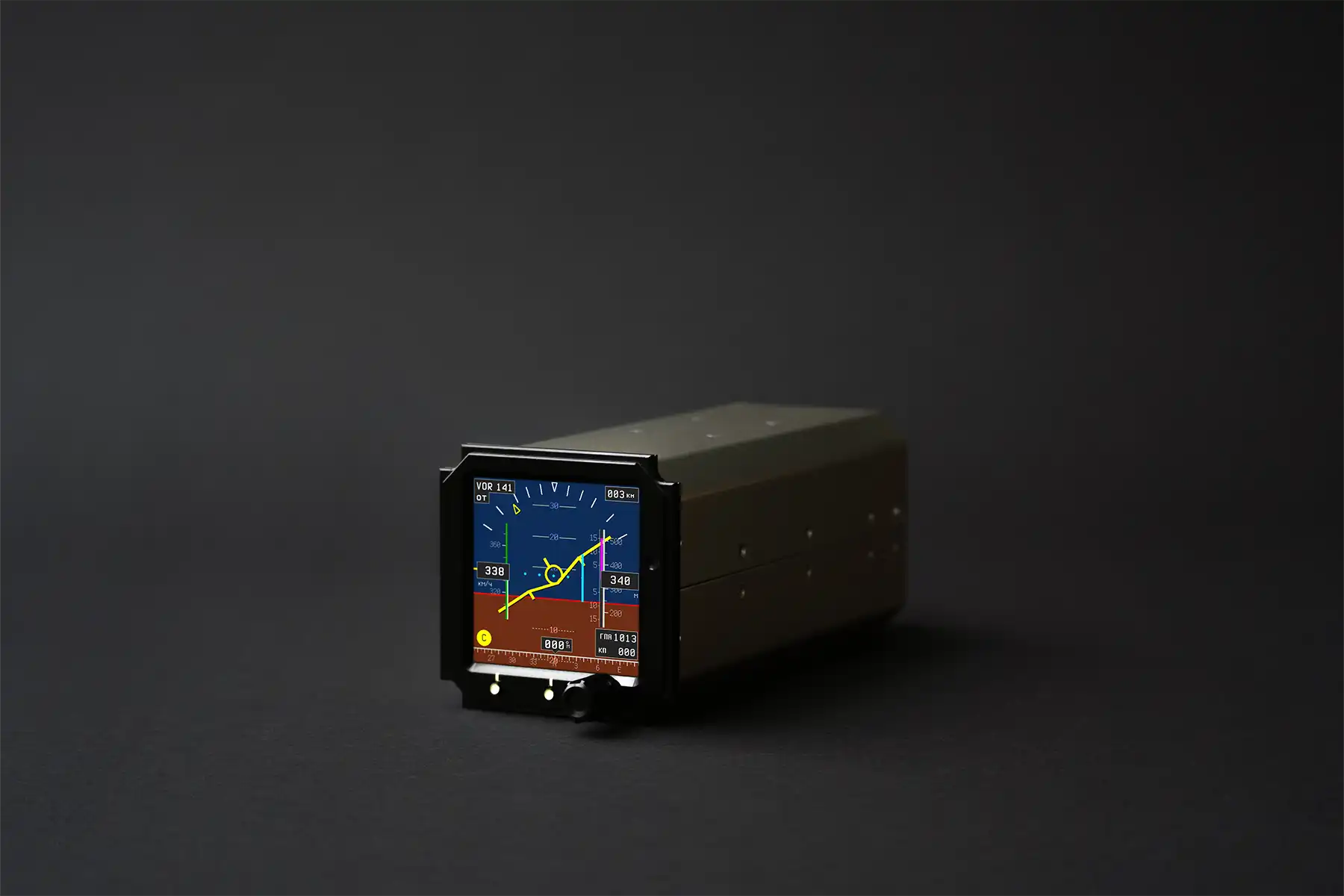Side perspective of a compact standby instrument ESIS used in military and civil aviation
