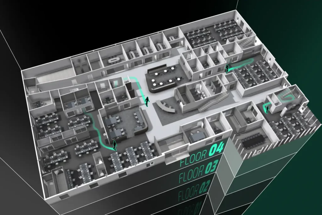 3D virtual environment of a multi-floor building with real-time monitoring of human movement and path tracking