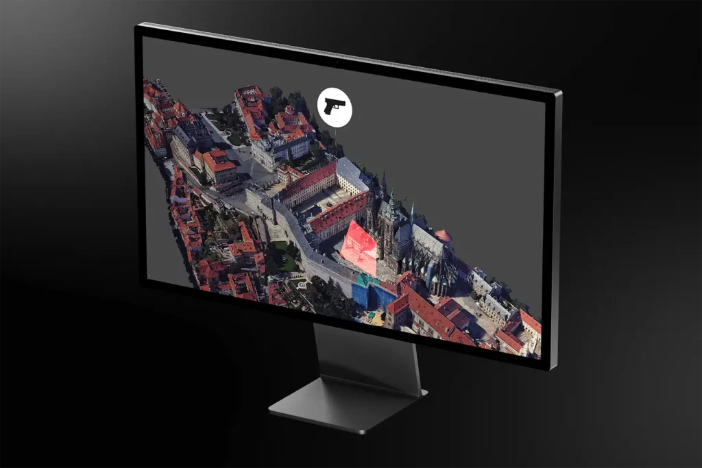 3D visualization of urban area with security threat detection interface on computer screen