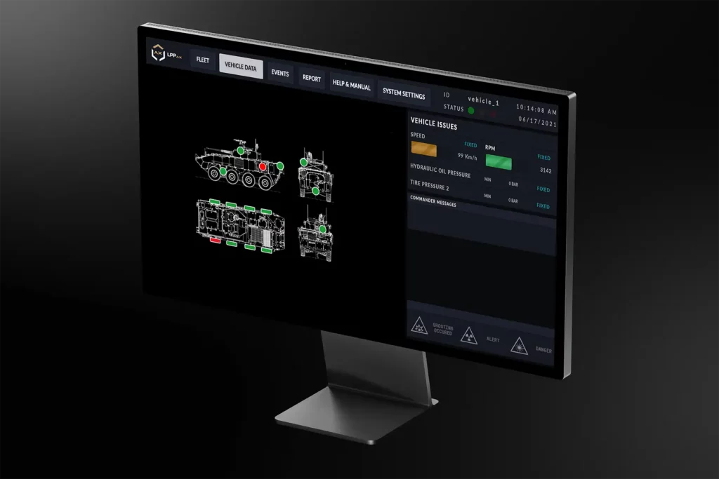 Vehicle diagnostics software interface showing real-time health monitoring of military vehicles
