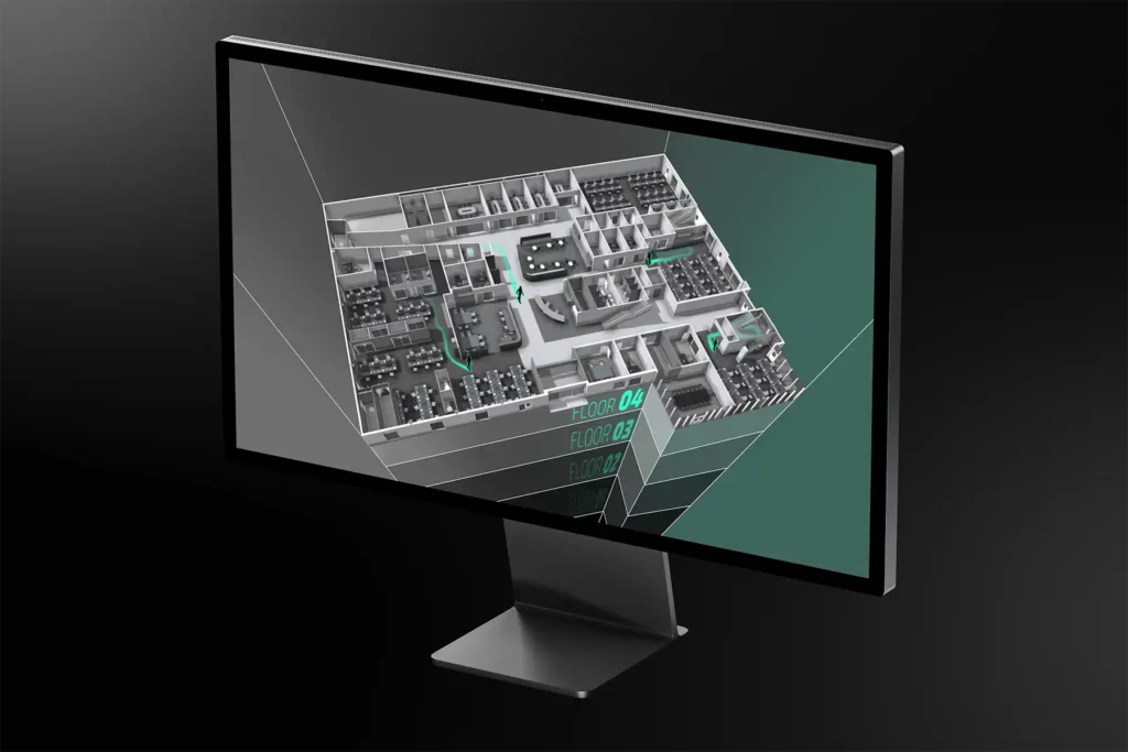 Digital twinning of building interiors with real-time analytics and movement tracking on screen