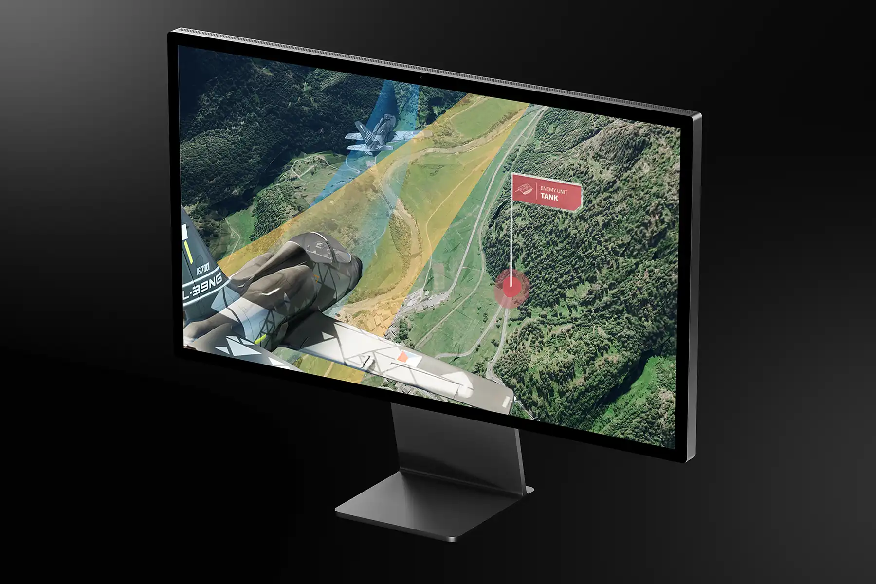 Mission simulation of an aerial combat scenario with enemy tank detection and terrain visualization