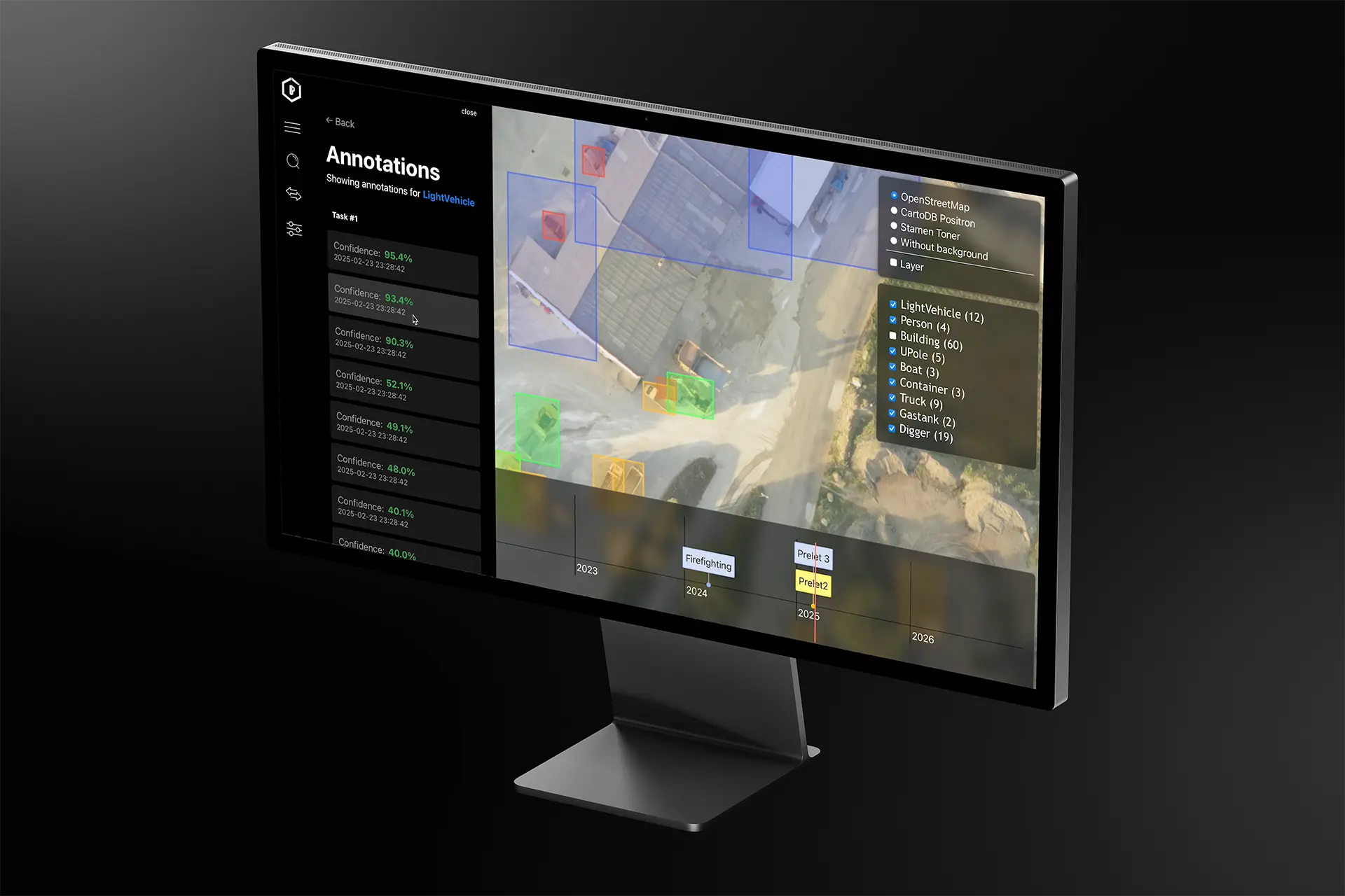 Display showing annotated aerial imagery for 3D mapping with AI-based object recognition