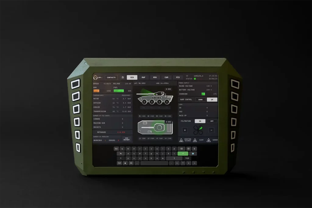 Close-up of digital dashboard displaying battle management commands and unit status