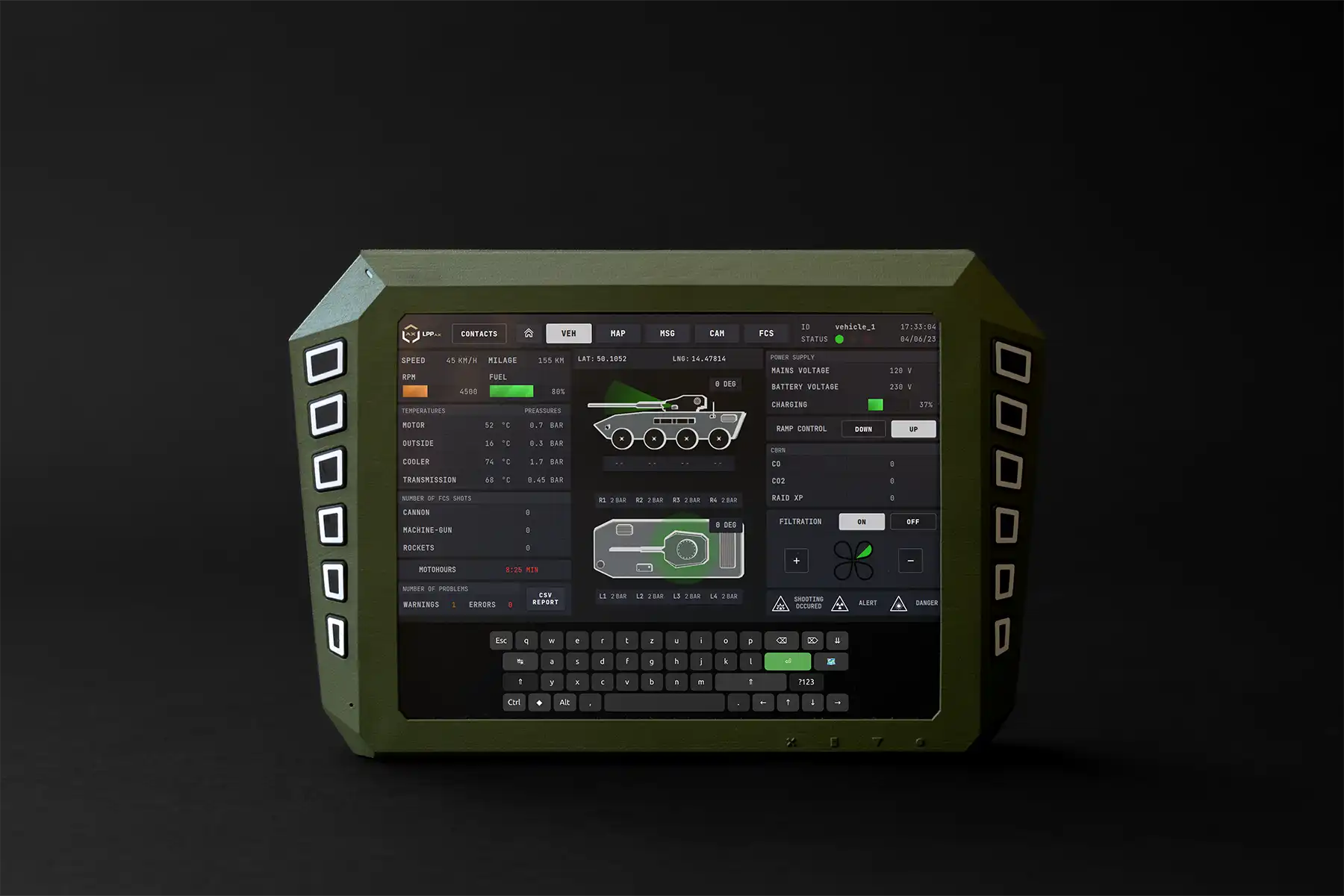 Close-up of digital dashboard displaying battle management commands and unit status