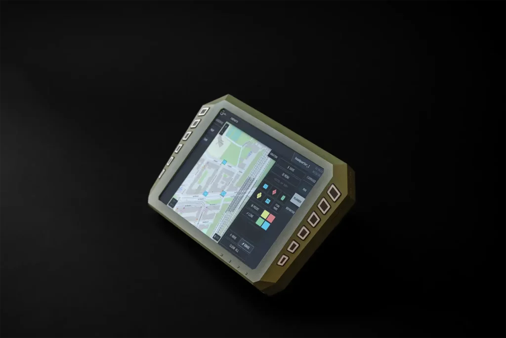 Military-grade touchscreen showing map-based command interface for C4 ISR coordination