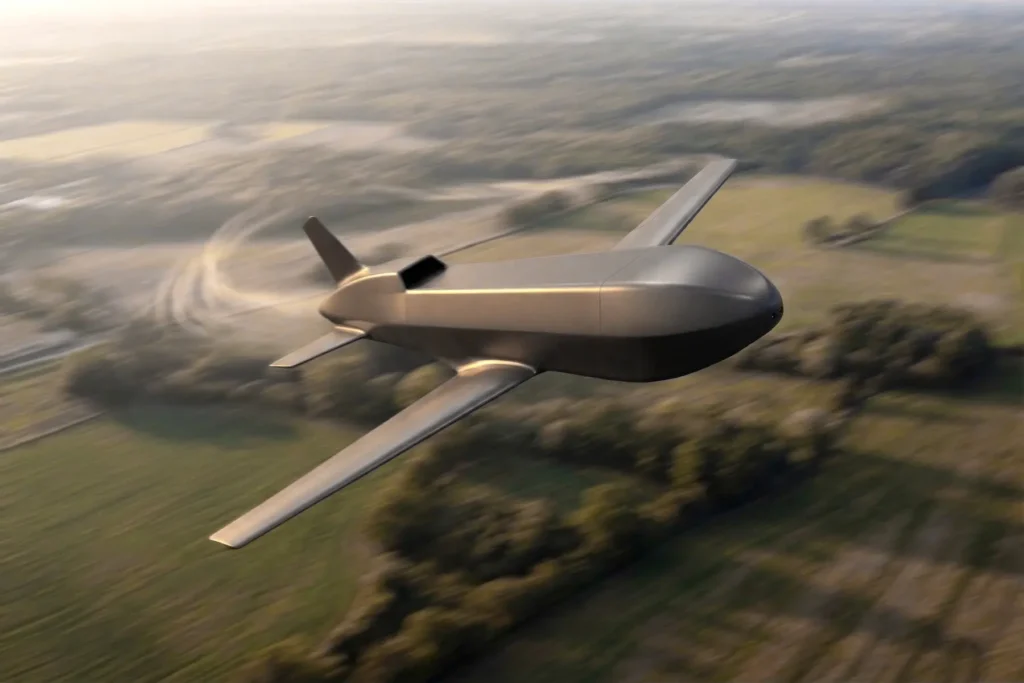 Narwhal ground-launched subsonic cruise missile soaring over a rural landscape.