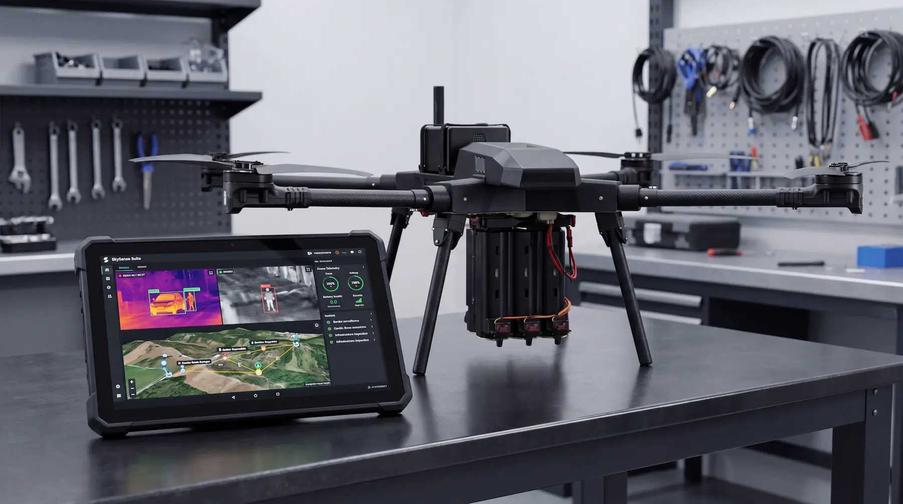 LPP SkySense autonomous drone alongside the SkySense Suite tablet ground control station running thermal and AI mission views