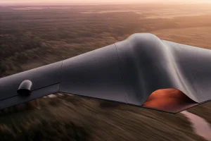 Close-up of the Nightray stealth one-way attack UAS flying wing design in flight.