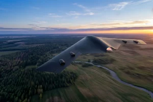 Nightray stealth unmanned aerial system flying over a forested landscape at sunset.