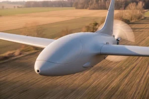 Close-up of the MTS combat UAV nose, highlighting the optical tracking camera used for visual positioning and terminal flight path adjustment.