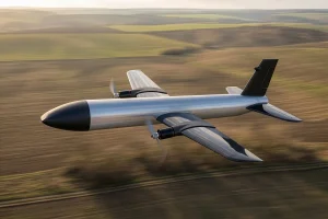 High-speed side profile of the JWI-4000 drone interceptor showing its nose cone and wing-mounted propellers.