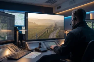 Border operator monitoring a SkySense Frontier live drone feed with real-time AI person detection along a fence line