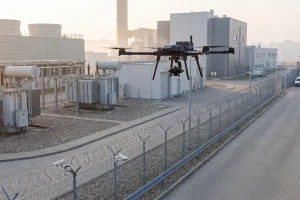 SkySense drone on autonomous perimeter patrol of a power substation and industrial facility in the GuardPost configuration