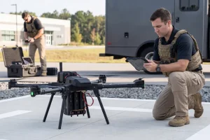 Tactical operator preparing the LPP SkySense drone in the PointMan configuration for a mission with a tablet ground control station